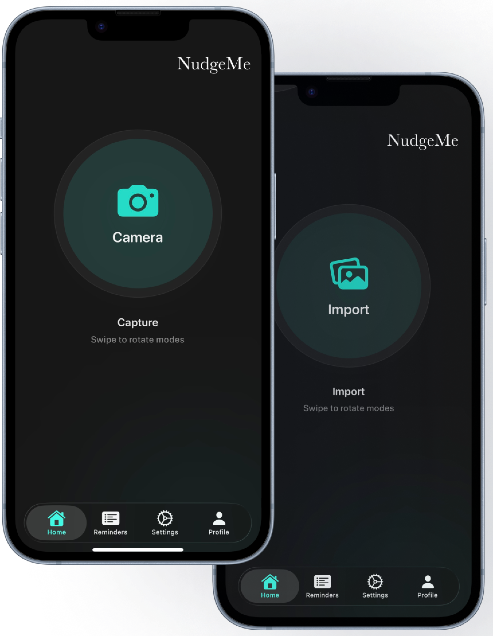 NudgeMe App Screenshots showing Camera and Import features
